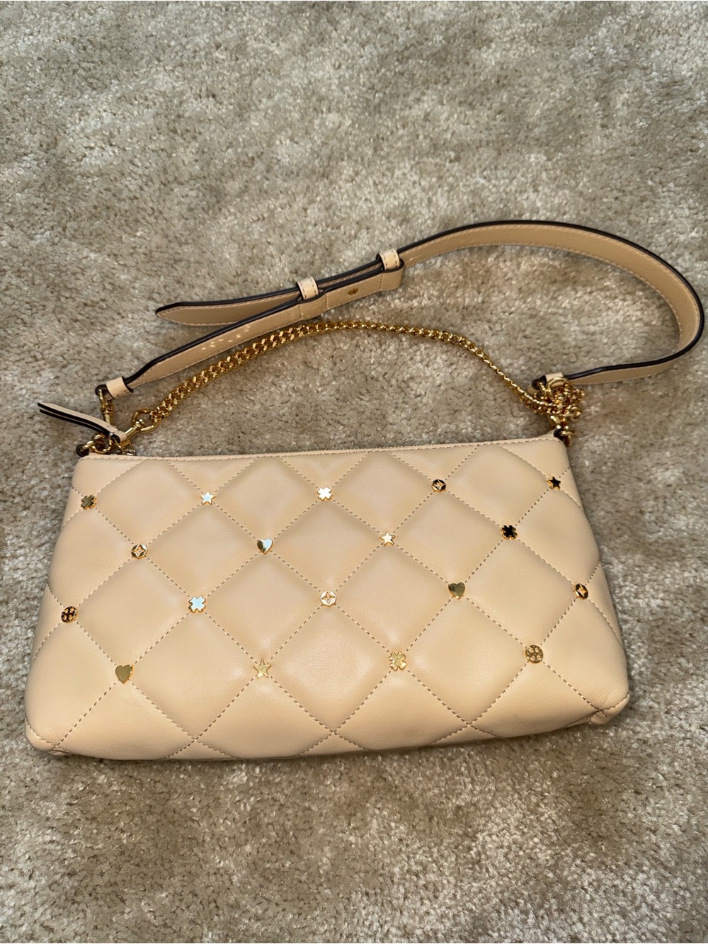 Tory Burch Quilted Cream Shoulder Bag with Gold Studs